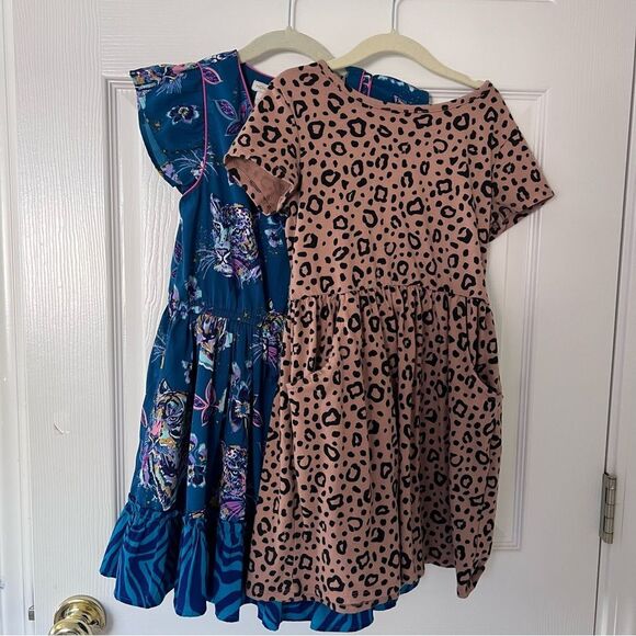 Set of 2 Leopard Print and Blue Floral Kids Dresses Girls 8 EUC - Picture 1 of 8